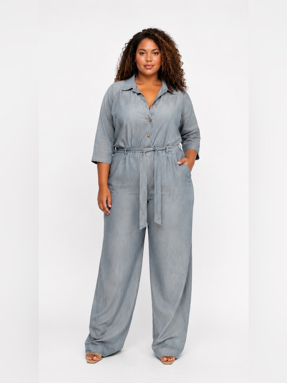 Boohoo US 12 UK 16 Eur 44 Denim Tie Waist Light Blue Jumpsuit Button Short NWT